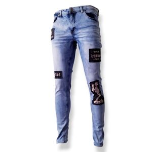 Black Keys Light Blue Acid Wash Skull Patchwork Slim Fit Jeans Size 34 x 32